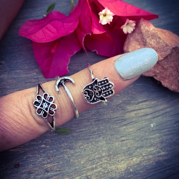 Boheme Jewelry - Bohemian set of 3 Rings 🌙 🤚 🌺 Silver